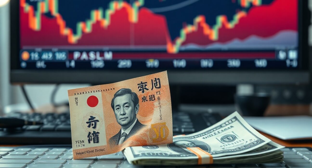 Japanese yen and US dollar banknotes on a desk with a currency chart in the background, illustrating the USD/JPY exchange rate dynamics.