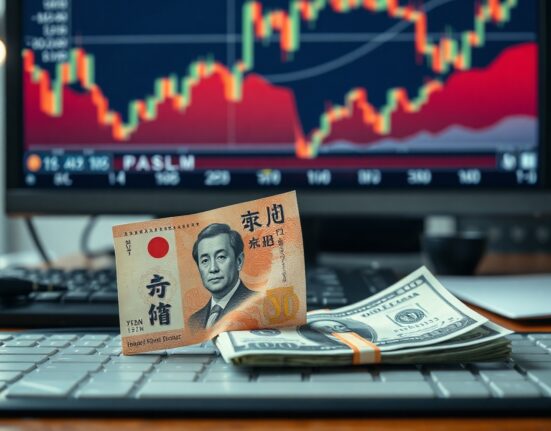 Japanese yen and US dollar banknotes on a desk with a currency chart in the background, illustrating the USD/JPY exchange rate dynamics.