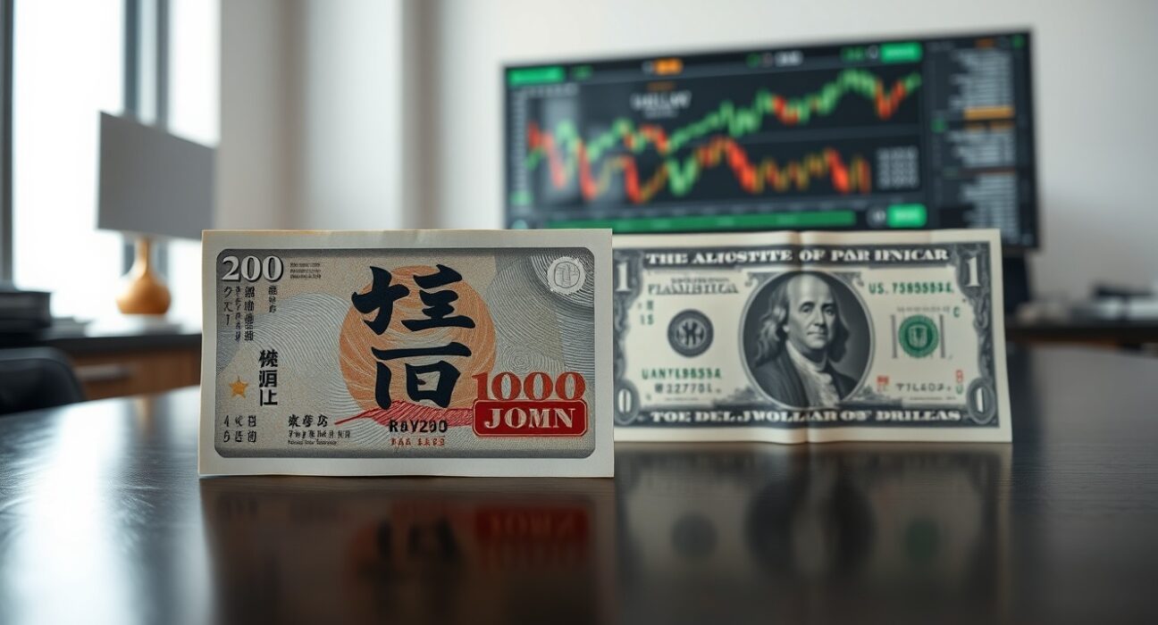 Japanese Yen and US Dollar banknotes compared, representing currency market tension and intervention fears.