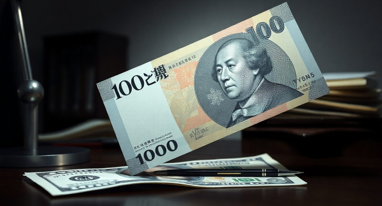 Japanese yen and US dollar banknotes on desk, representing forex market tension.