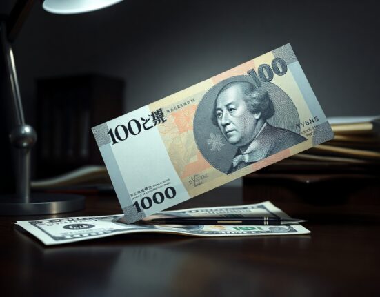 Japanese yen and US dollar banknotes on desk, representing forex market tension.