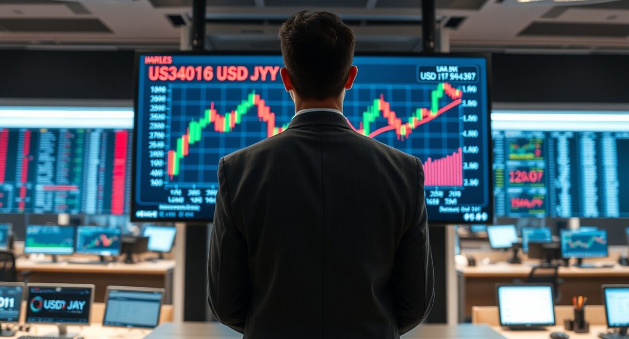 Analyst examining USD/JPY chart with yen symbol on a trading floor screen