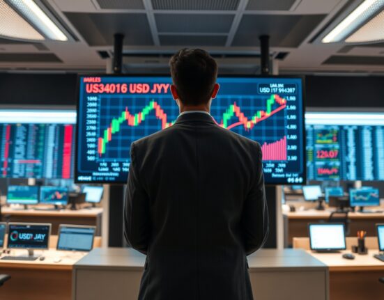 Analyst examining USD/JPY chart with yen symbol on a trading floor screen