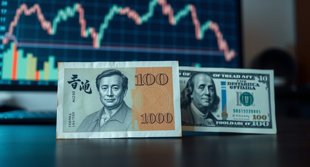 Japanese yen and US dollar banknotes on desk with financial chart background