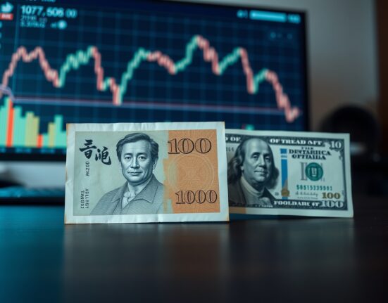 Japanese yen and US dollar banknotes on desk with financial chart background