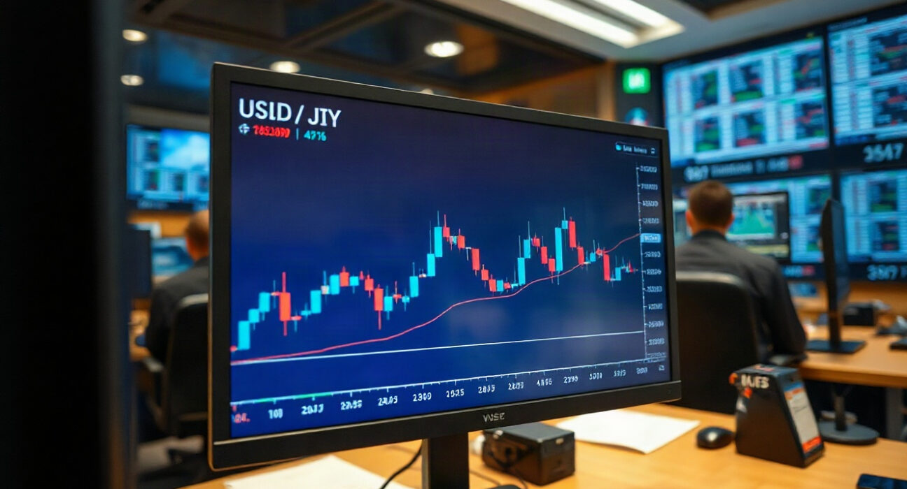 USD/JPY chart on a trading screen in a financial office