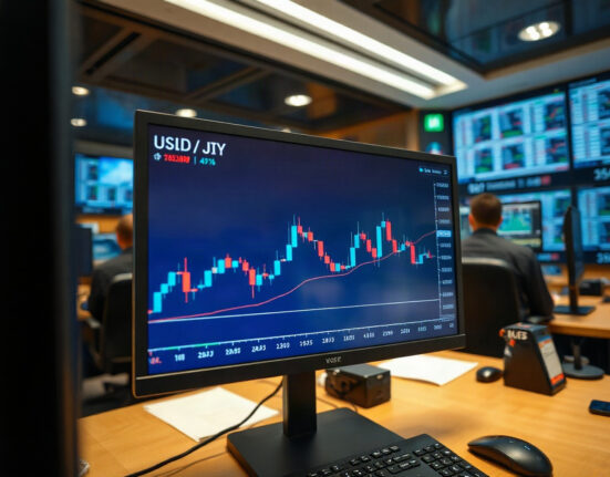 USD/JPY chart on a trading screen in a financial office