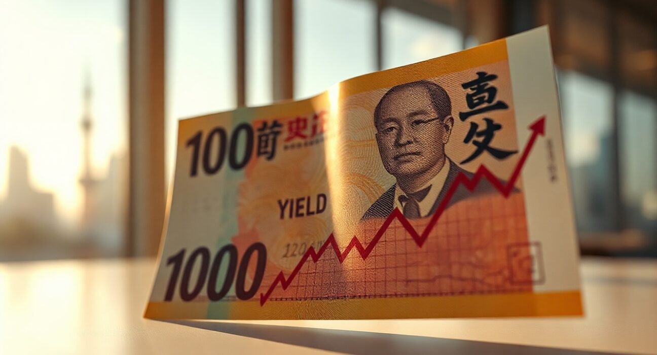 Japanese yen banknote and financial chart with rising JGB yield curve