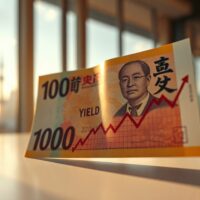 Japanese yen banknote and financial chart with rising JGB yield curve