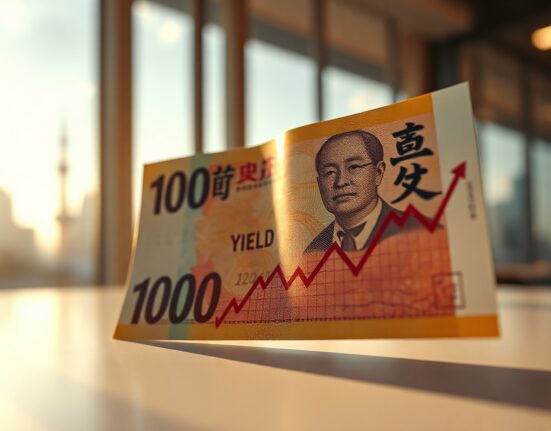 Japanese yen banknote and financial chart with rising JGB yield curve