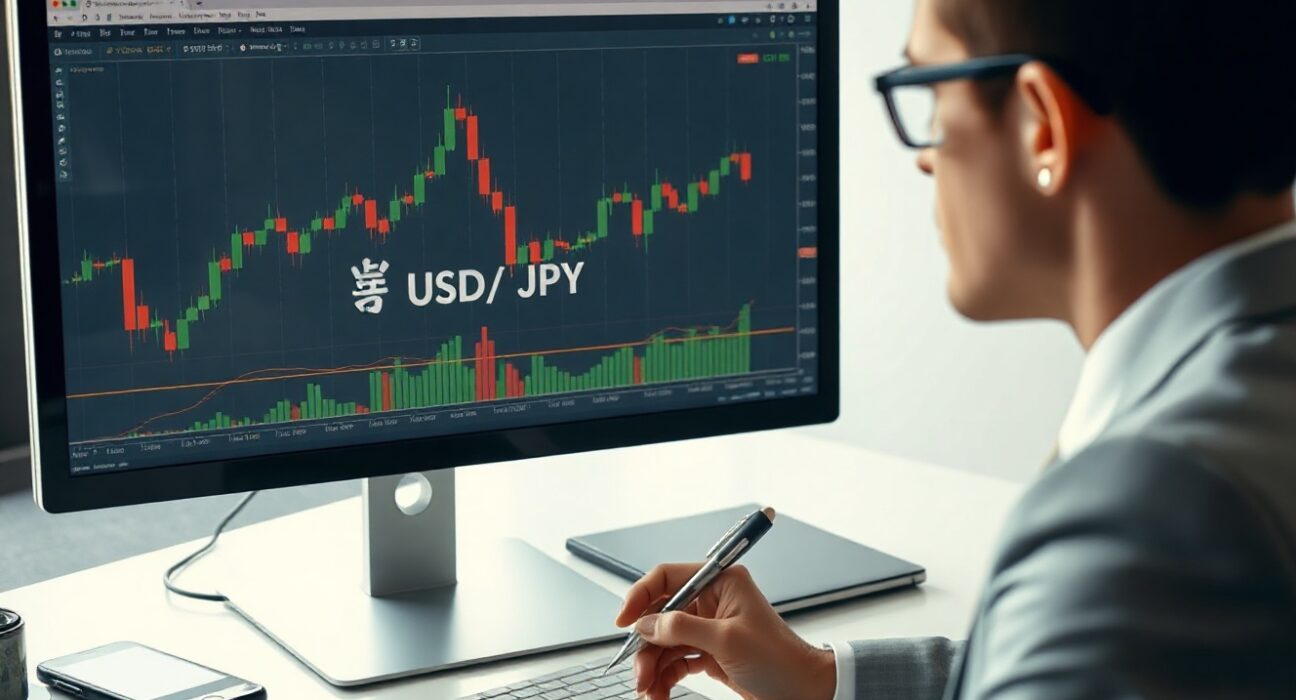 Analyst monitors USD/JPY chart on computer screen in modern office