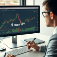 Analyst monitors USD/JPY chart on computer screen in modern office