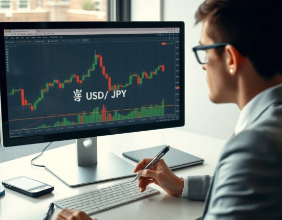 Analyst monitors USD/JPY chart on computer screen in modern office
