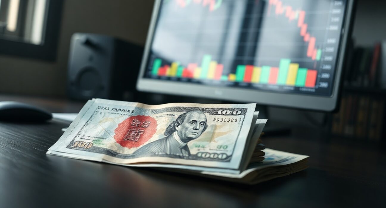 Japanese yen and US dollar banknotes on a desk with a financial chart in the background, illustrating currency intervention.