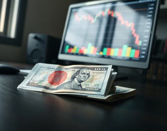 Japanese yen and US dollar banknotes on a desk with a financial chart in the background, illustrating currency intervention.