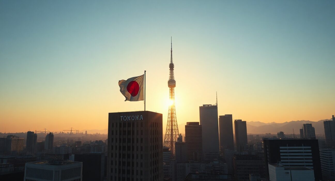 Tokyo skyline at dusk with Japanese flag, symbolizing yen intervention