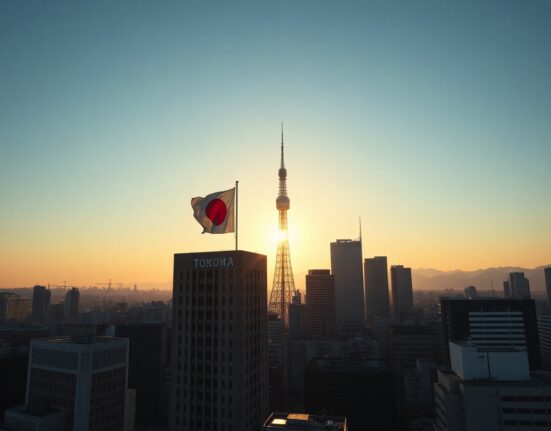 Tokyo skyline at dusk with Japanese flag, symbolizing yen intervention