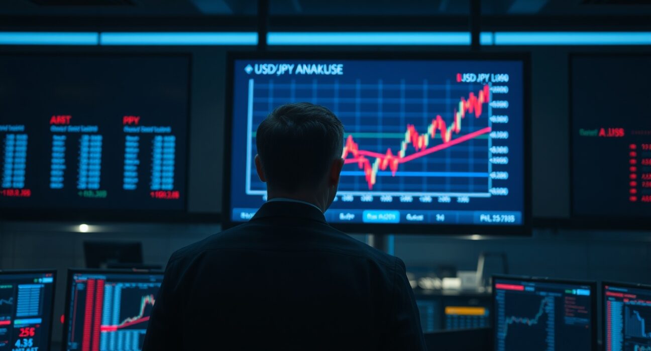 Analyst reviewing a USD/JPY chart on a trading floor screen amid intervention news.
