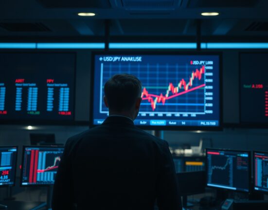 Analyst reviewing a USD/JPY chart on a trading floor screen amid intervention news.