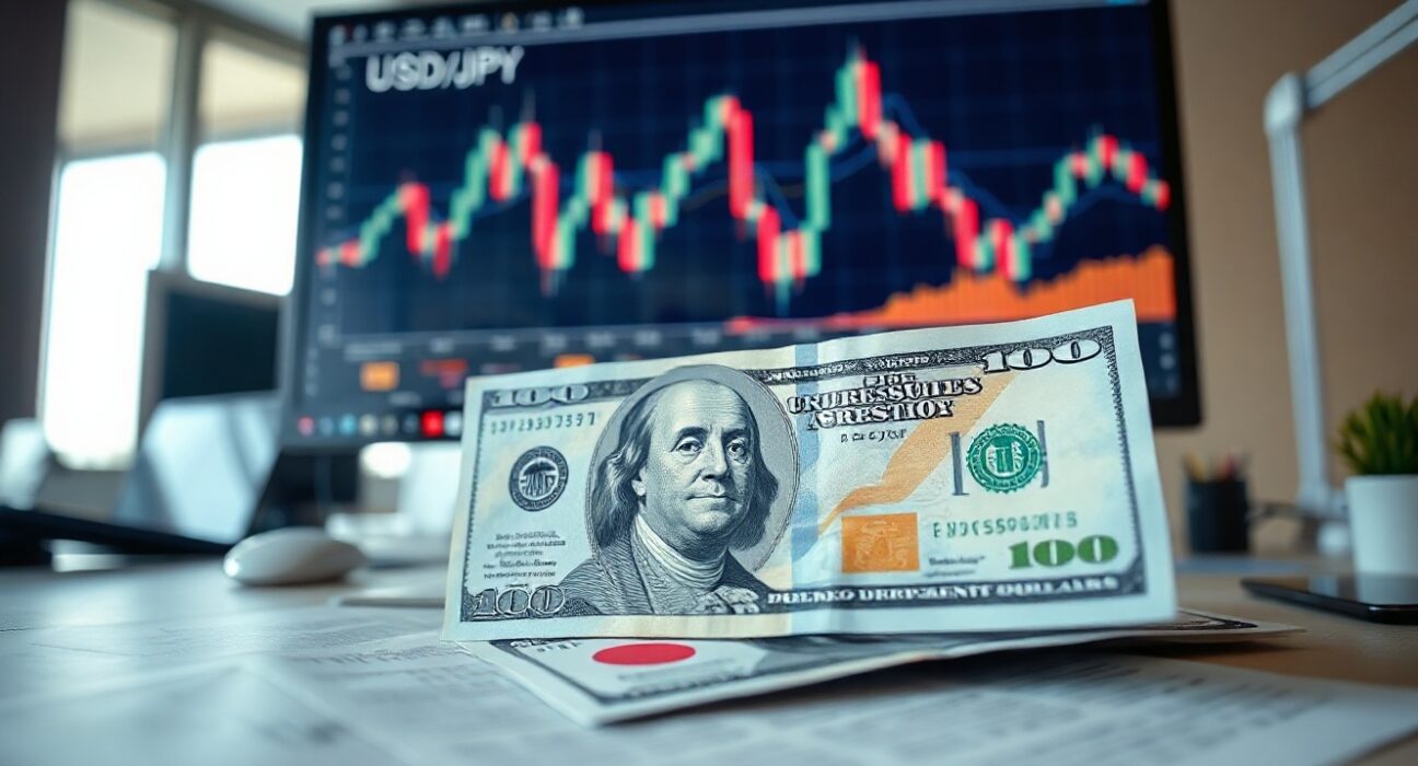 Japanese yen banknotes and US dollars with a USD/JPY chart on a monitor, representing currency intervention analysis.