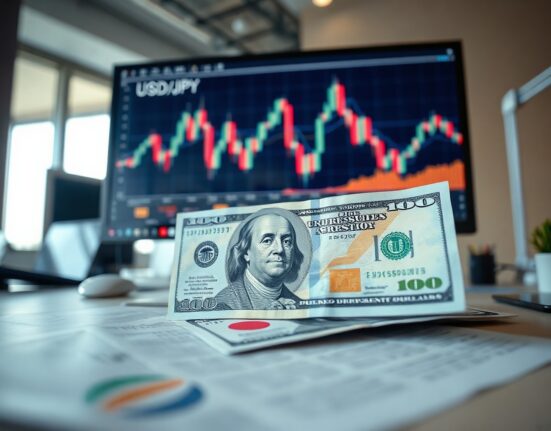 Japanese yen banknotes and US dollars with a USD/JPY chart on a monitor, representing currency intervention analysis.