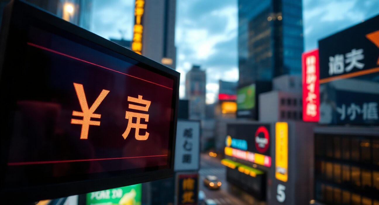 Digital currency board showing yen and dollar symbols in a financial district, symbolizing intervention risk.