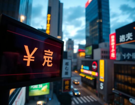 Digital currency board showing yen and dollar symbols in a financial district, symbolizing intervention risk.