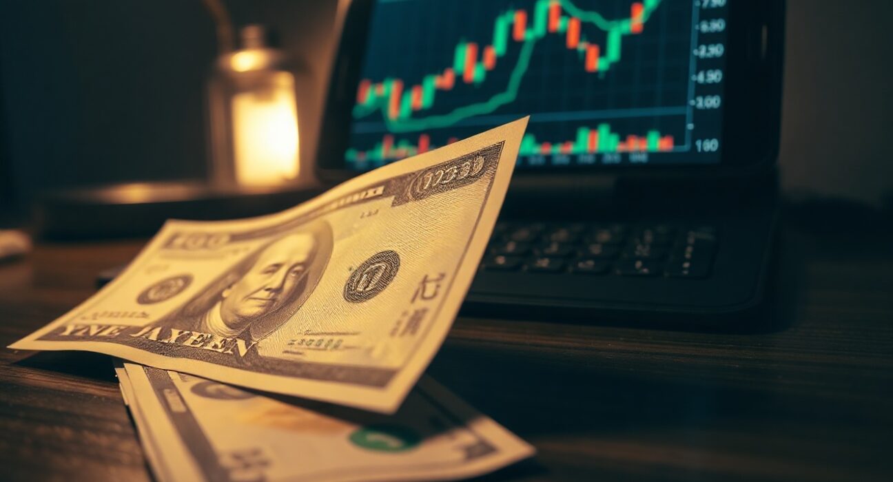 Japanese yen and US dollar notes with forex chart in background, illustrating currency market analysis.