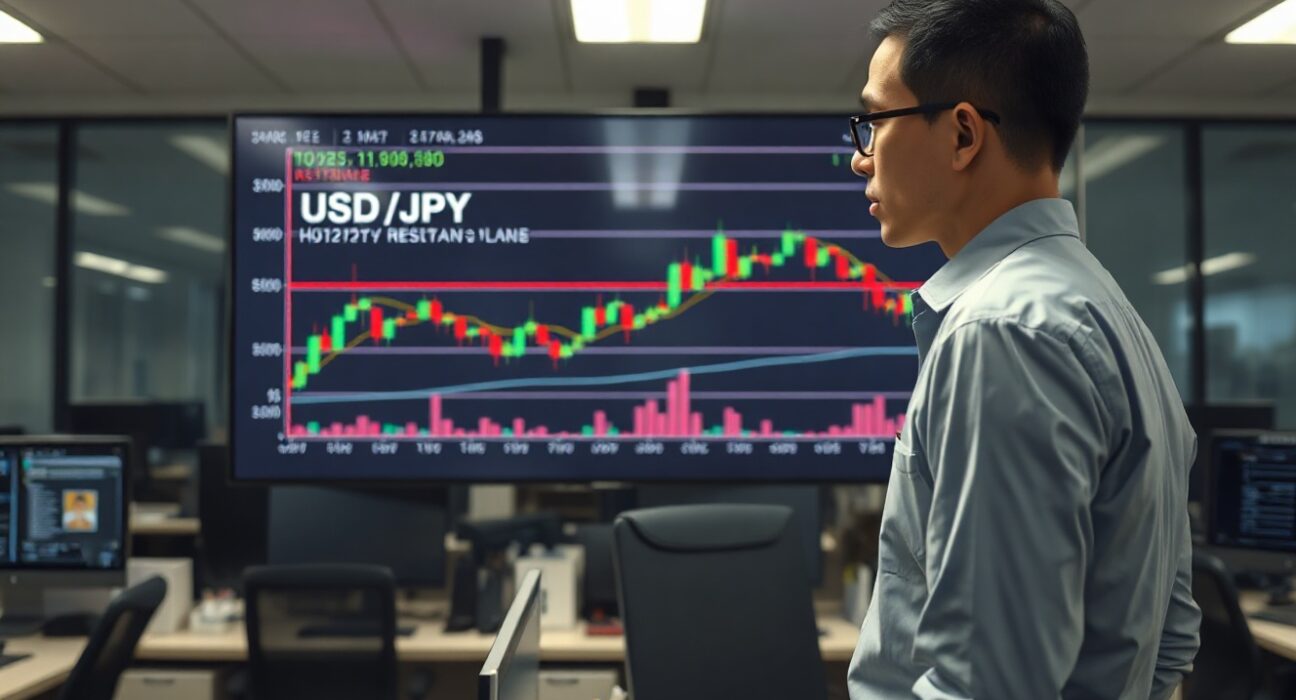 Trader analyzing USD/JPY chart approaching resistance level ahead of Bank of Japan decision