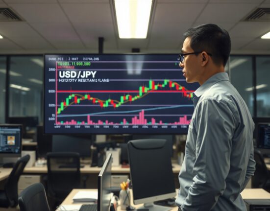 Trader analyzing USD/JPY chart approaching resistance level ahead of Bank of Japan decision