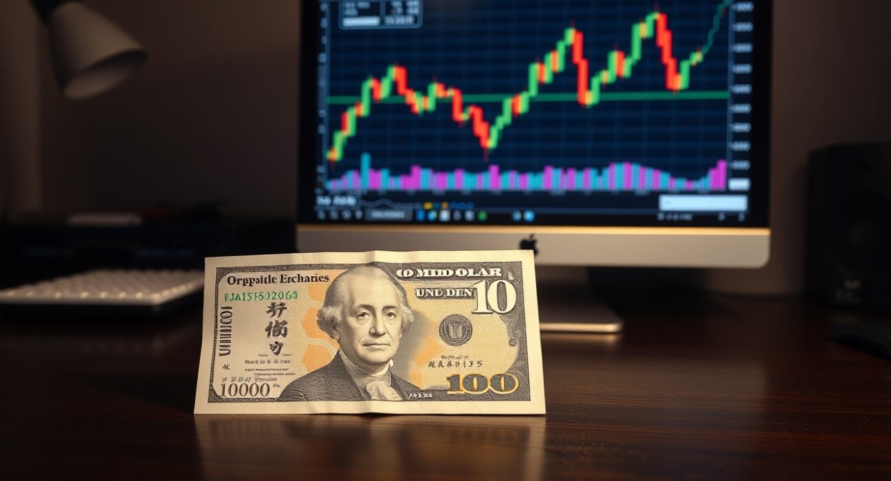 Japanese yen and US dollar banknotes on a desk with a USD/JPY chart on a monitor in the background.