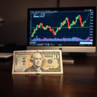 Japanese yen and US dollar banknotes on a desk with a USD/JPY chart on a monitor in the background.