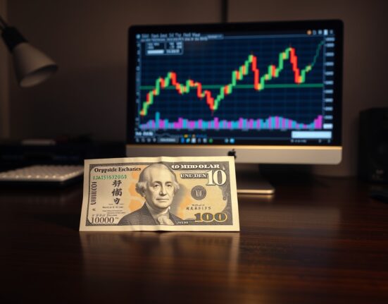 Japanese yen and US dollar banknotes on a desk with a USD/JPY chart on a monitor in the background.