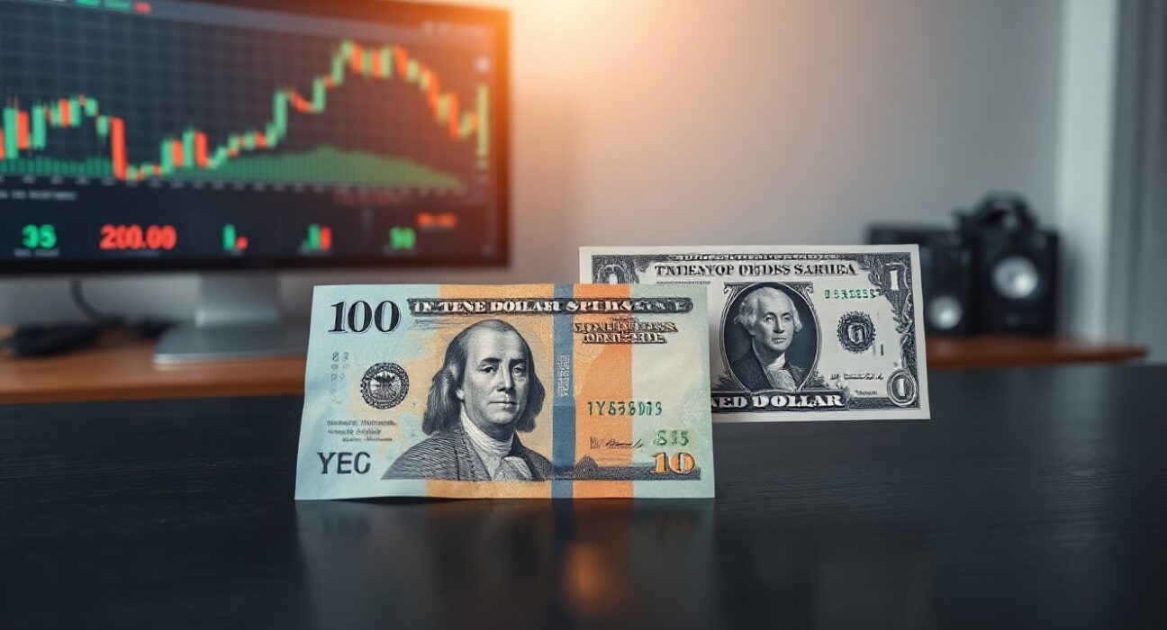Japanese yen and US dollar banknotes on a desk with a forex chart in the background