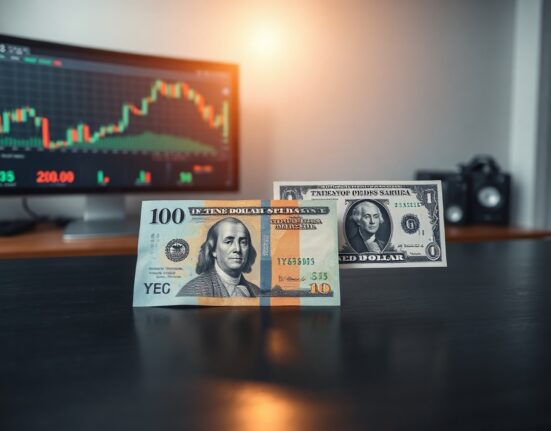 Japanese yen and US dollar banknotes on a desk with a forex chart in the background