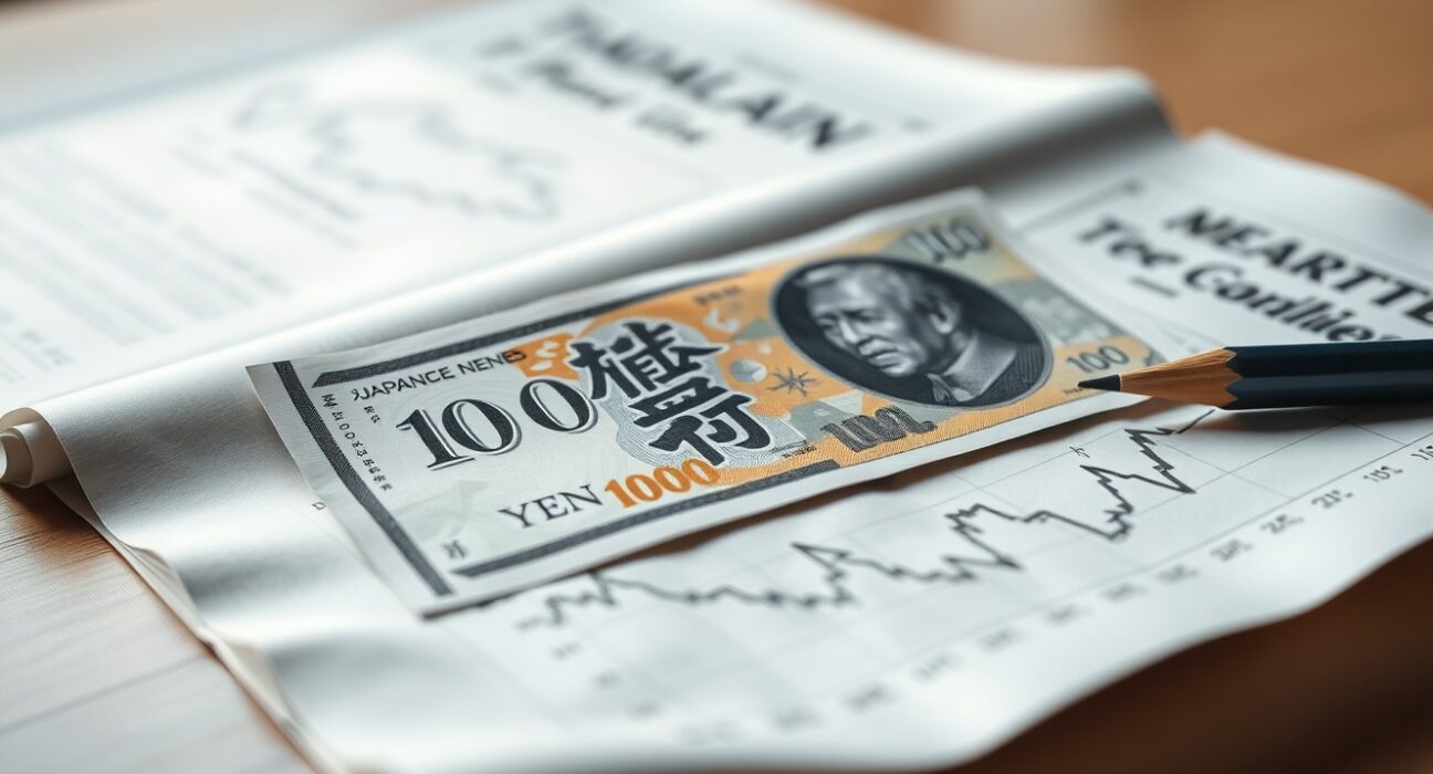 Japanese yen banknote on financial chart paper with bearish trend indication