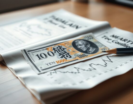 Japanese yen banknote on financial chart paper with bearish trend indication