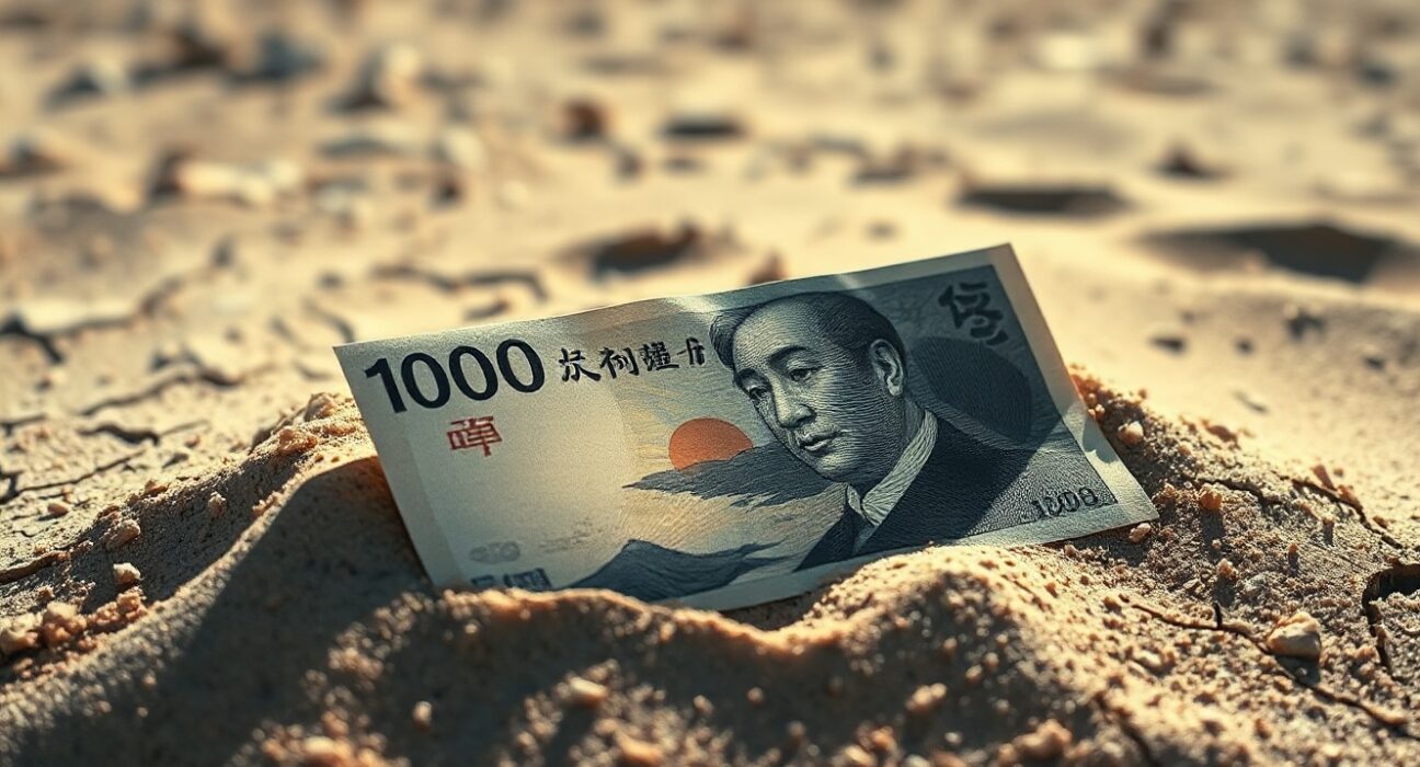 Japanese 10,000 Yen note partially buried in cracked sand, symbolizing fragile currency support.