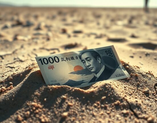Japanese 10,000 Yen note partially buried in cracked sand, symbolizing fragile currency support.