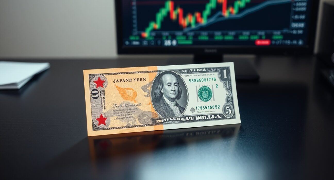 Japanese yen and US dollar banknotes on a desk with a blurred financial chart in the background