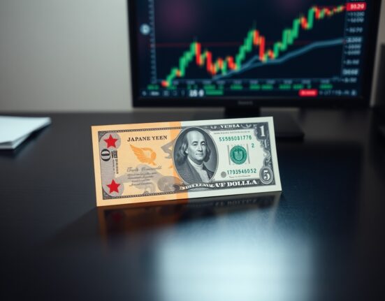 Japanese yen and US dollar banknotes on a desk with a blurred financial chart in the background