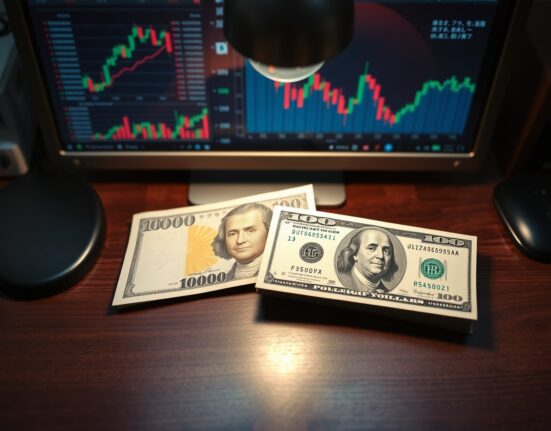 Japanese Yen and US Dollar banknotes side by side on a desk, representing currency market dynamics.