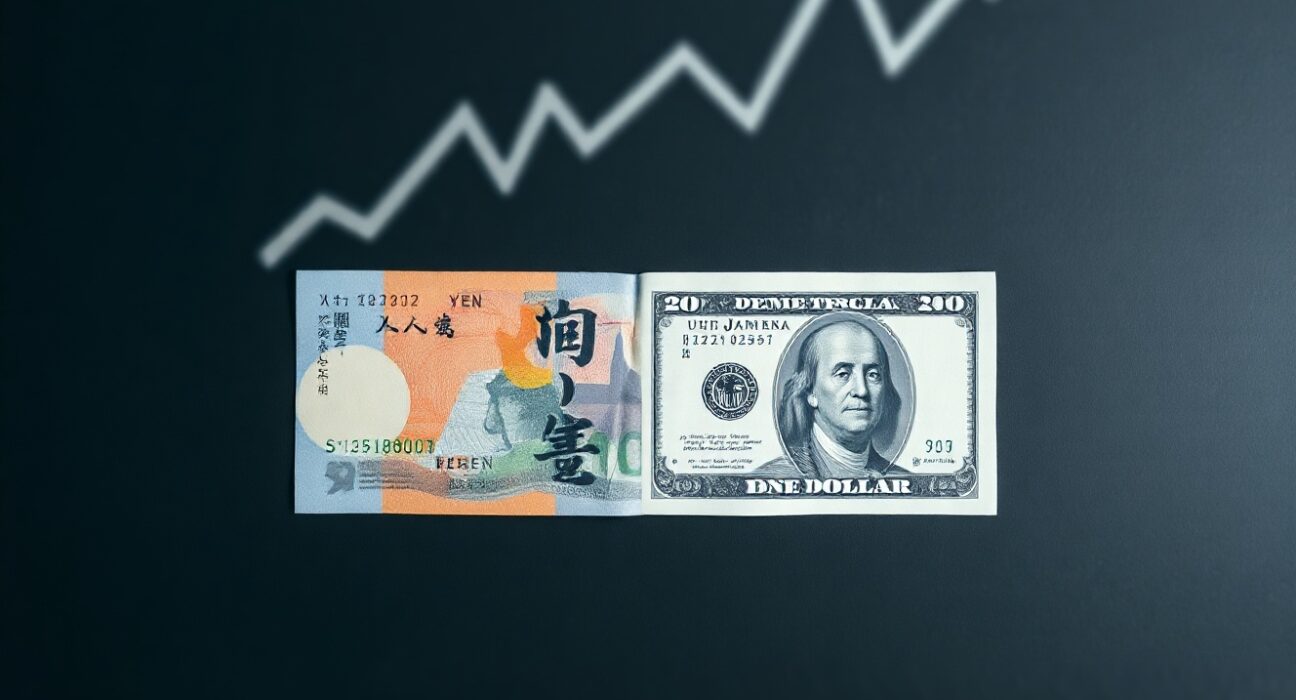 Japanese Yen and US Dollar banknotes on a desk with a financial chart in the background.