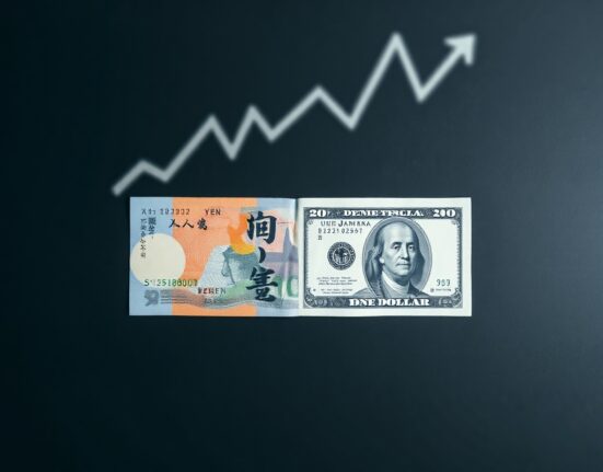 Japanese Yen and US Dollar banknotes on a desk with a financial chart in the background.