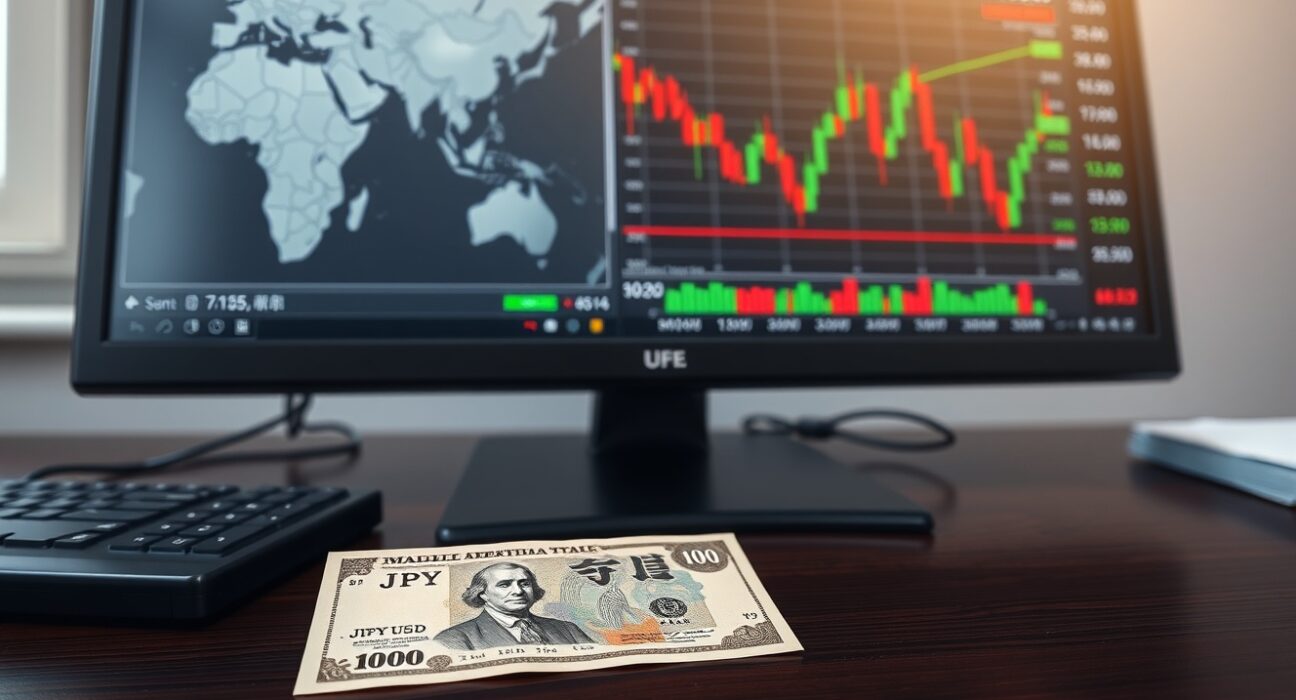Japanese Yen banknote and financial charts analyzing currency stability amid Middle East geopolitical tensions.