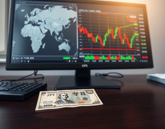 Japanese Yen banknote and financial charts analyzing currency stability amid Middle East geopolitical tensions.