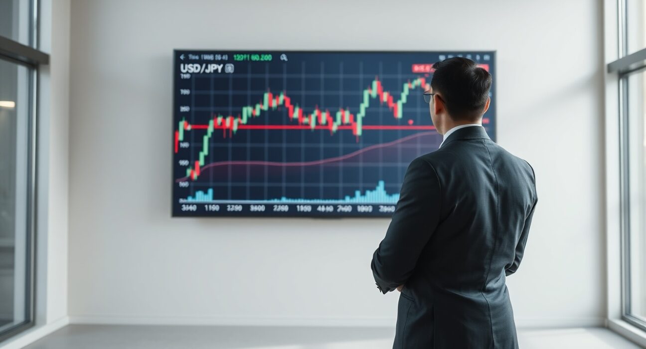 Financial analyst monitoring USD/JPY exchange rate chart near 160 level