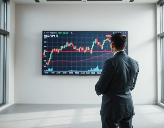 Financial analyst monitoring USD/JPY exchange rate chart near 160 level