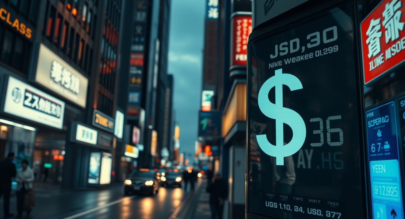 Currency exchange board in Tokyo showing Japanese yen weakening against the US dollar