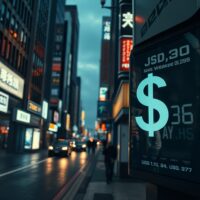 Currency exchange board in Tokyo showing Japanese yen weakening against the US dollar